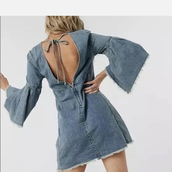 Free People Blue Backless Dress with Bell Sleeves - Picture 3 of 7